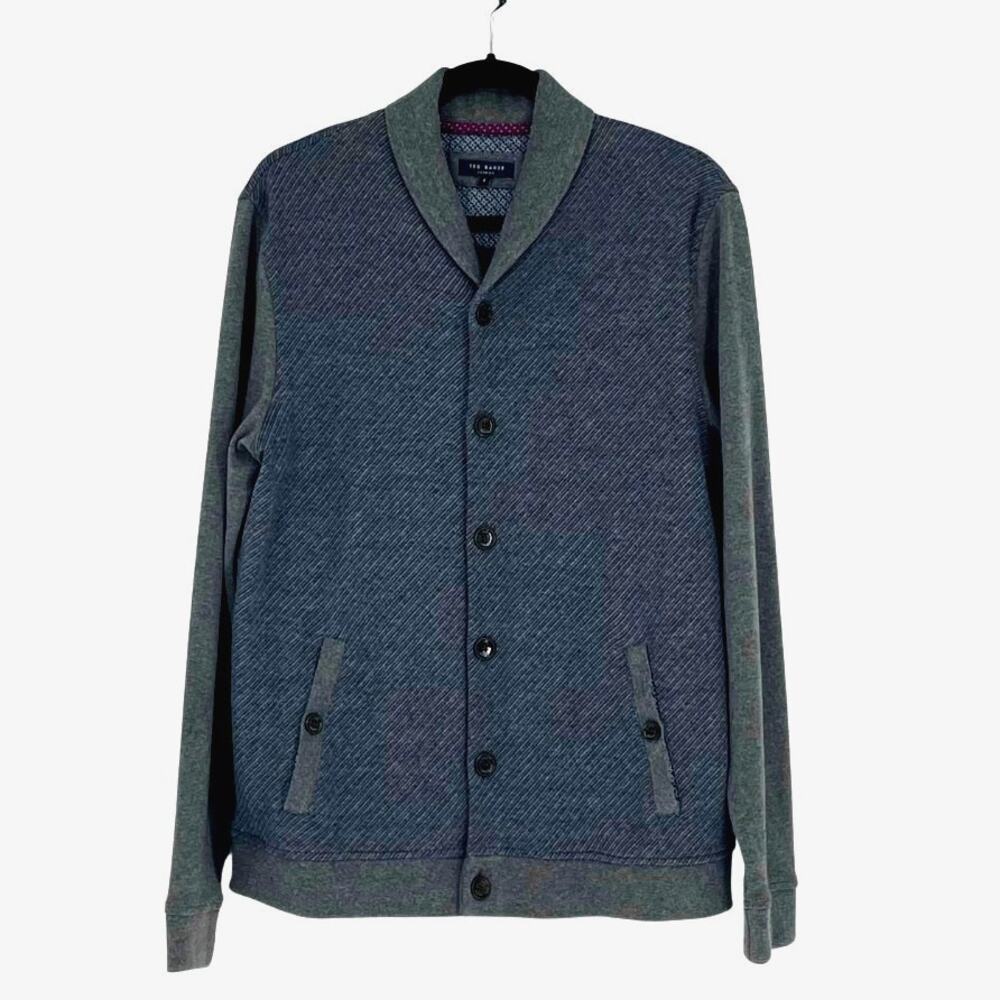 Ted Baker Men's Gray and Blue Shawl Collar Terry Knit Cardigan - Size L